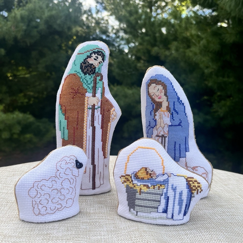 Christmas Nativity Set Crosstitch Stuffed Weighted Mary Joseph Baby Jesus Sheep